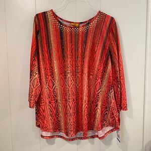 Ruby Rd Embellished Top Women’s XL Red Black Gold Metallic Print 3/4 Sleeve Tuni